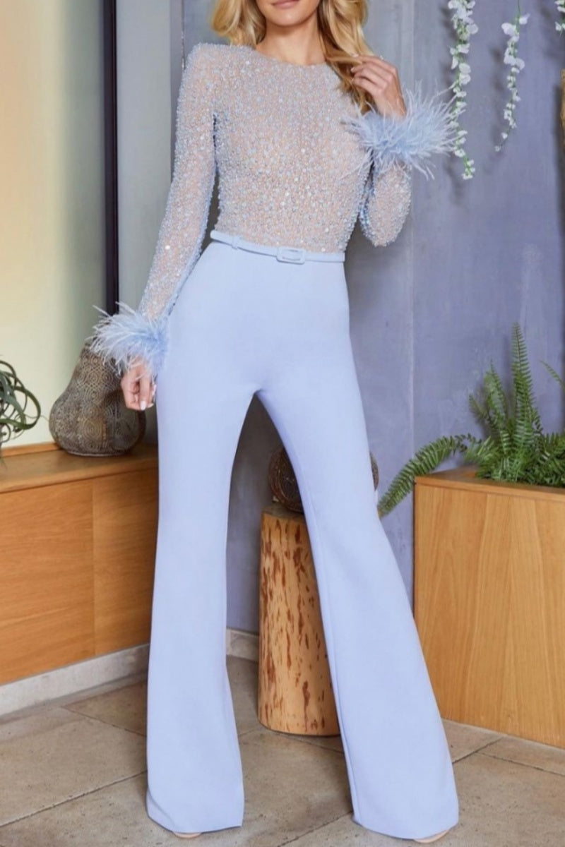 Combinaison moulante casual en patchwork et paillettes avec ceinture et col rond (à titre indicatif, voir produit réel)