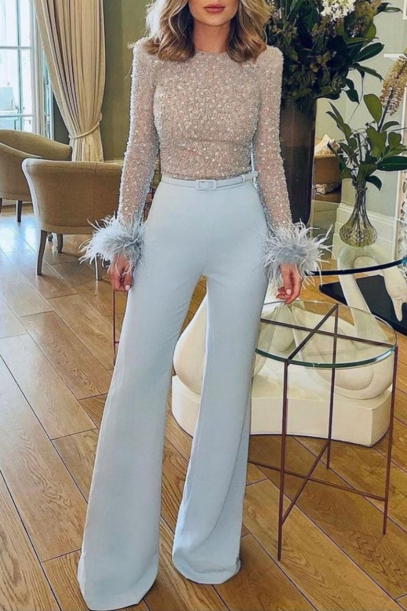 Combinaison moulante casual en patchwork et paillettes avec ceinture et col rond (à titre indicatif, voir produit réel)