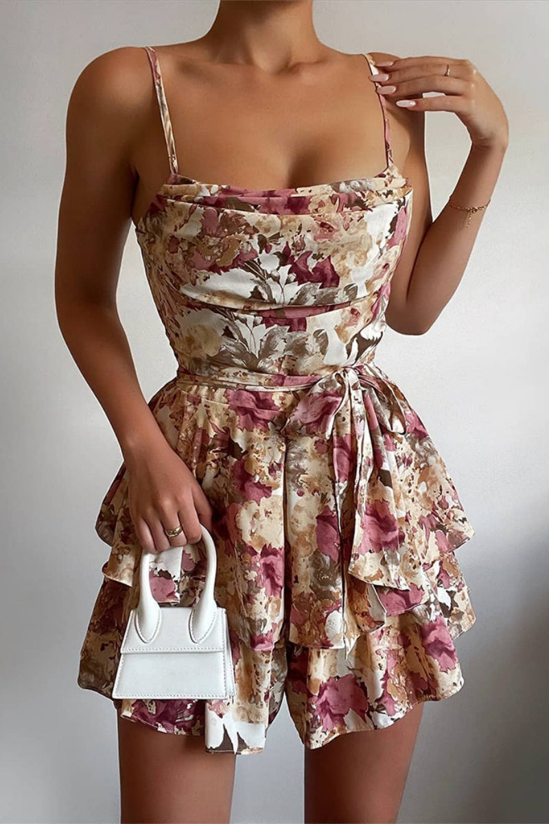 Combinaison-pantalon moulante décontractée à imprimé patchwork, dos nu, avec bretelles spaghetti.