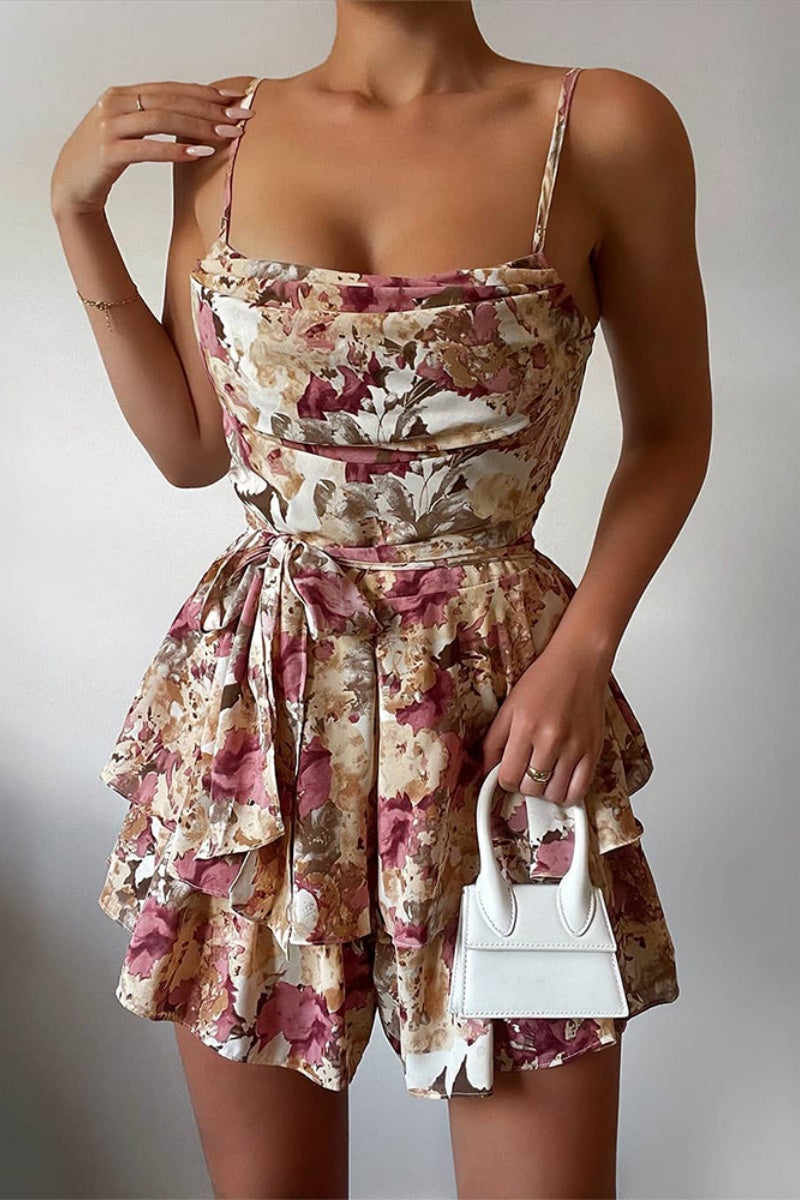 Combinaison-pantalon moulante décontractée à imprimé patchwork, dos nu, avec bretelles spaghetti.