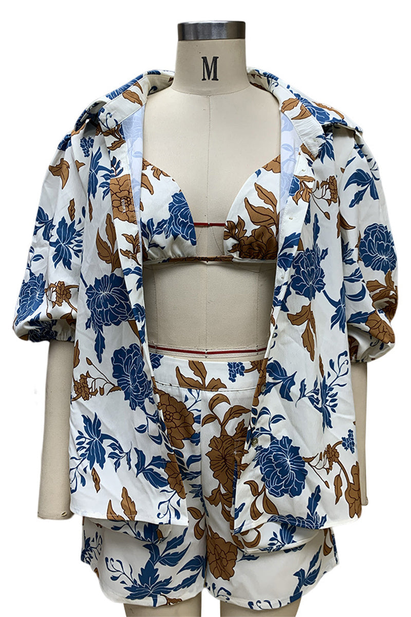 Ensemble trois pièces décontracté à manches courtes, col montant et poches à motifs floraux.