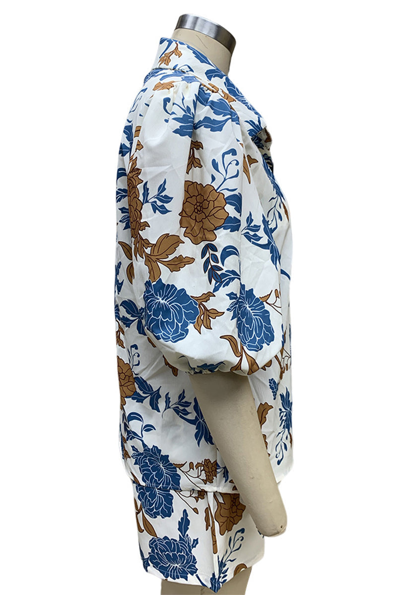 Ensemble trois pièces décontracté à manches courtes, col montant et poches à motifs floraux.