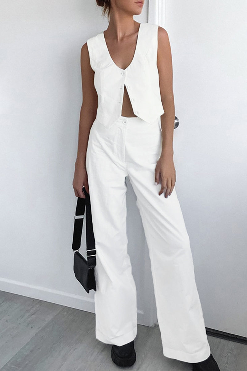 Ensemble deux pièces décontracté, style britannique, col en V, sans manches, avec boucle.