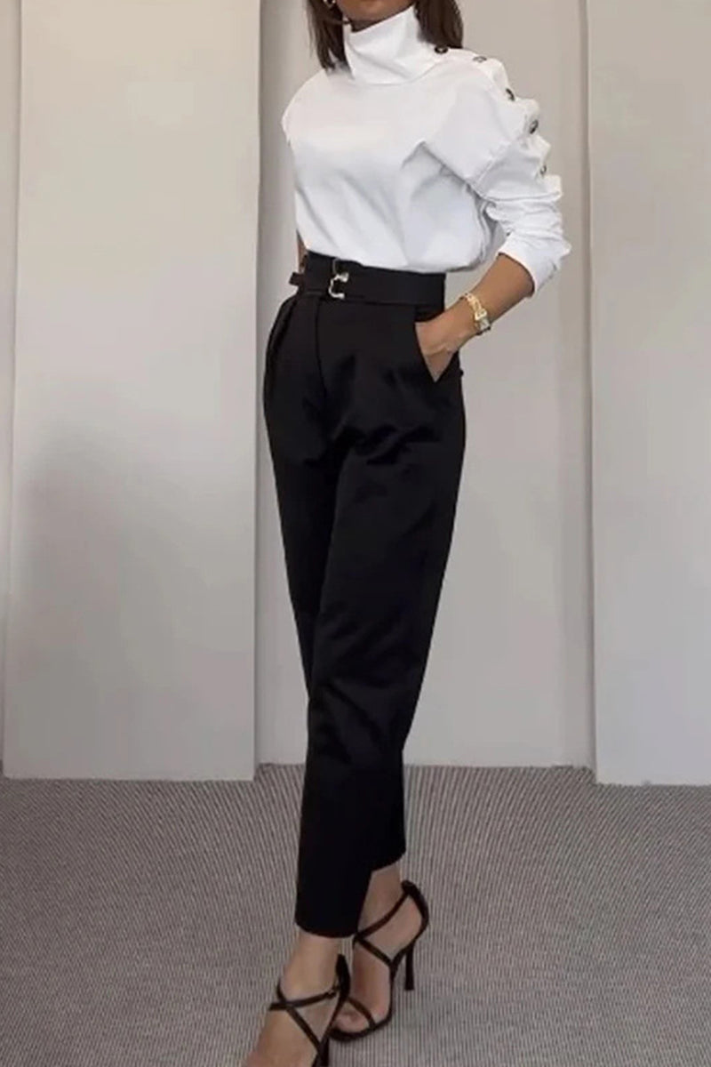 Ensemble deux pièces décontracté style britannique, col montant, manches longues, poches et boutons.