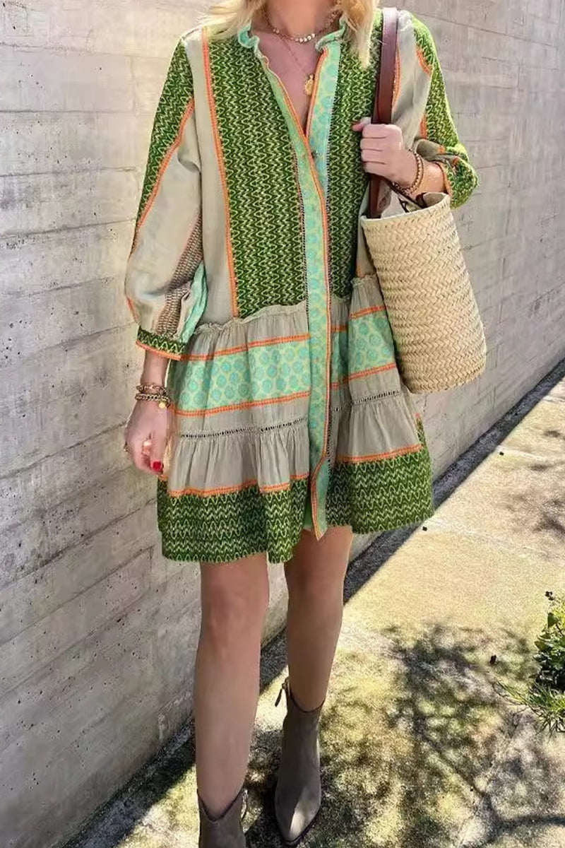 Robes décontractées vintage à manches volantées, col en V, style A-line, à imprimé géométrique.