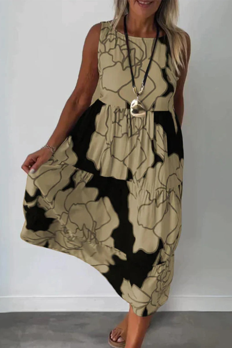 Robes décontractées vintage à imprimé floral, patchwork, col rond et sans manches