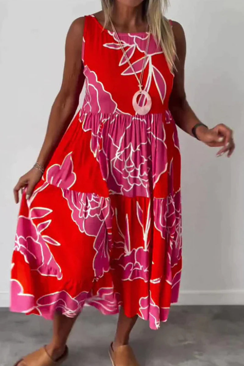 Robes décontractées vintage à imprimé floral, patchwork, col rond et sans manches