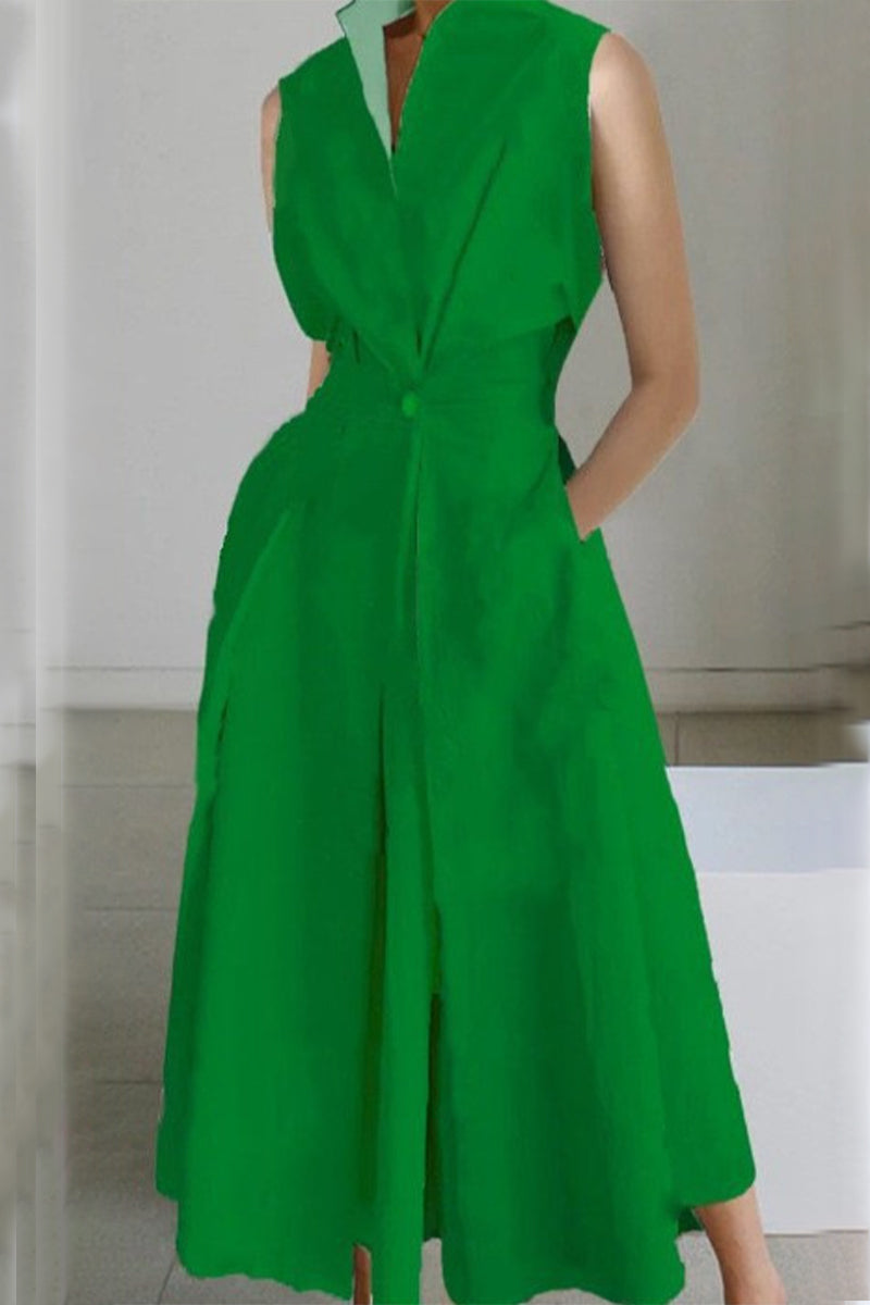 Casual Simplicity Solid Pocket Fold V Neck Shirt Dresses(5 Colors)