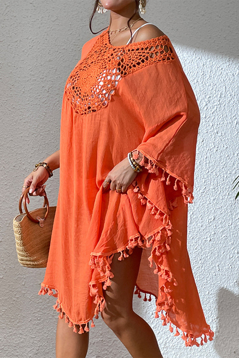 Sexy Vacation Solid Hook Flower Tassel Hollowed Out Swimwears Cover Up