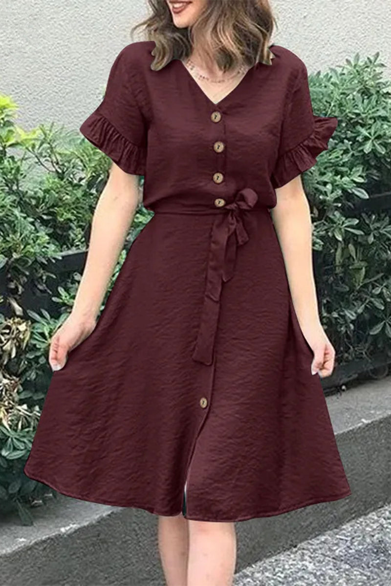 Robes A-line décontractées, simples, unies, à fente, à boucle, à col en V et à volants.