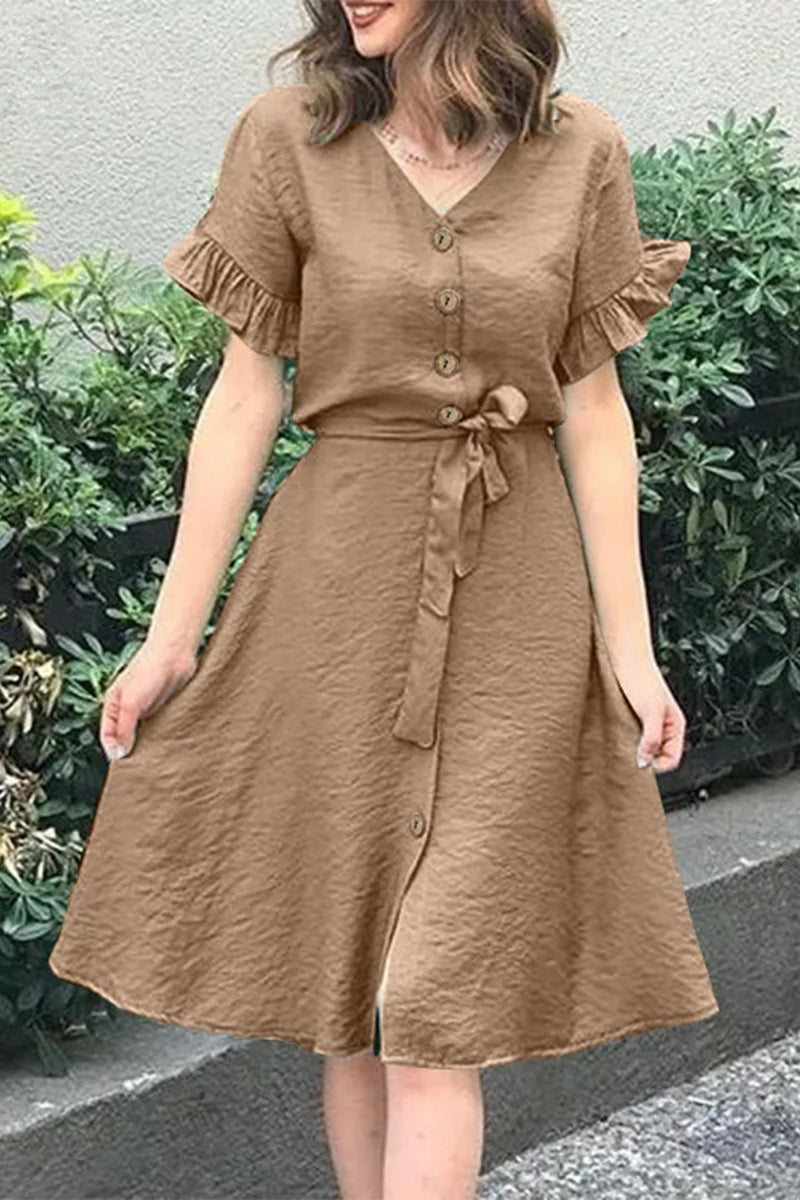 Robes A-line décontractées, simples, unies, à fente, à boucle, à col en V et à volants.