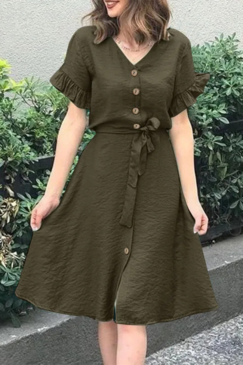 Robes A-line décontractées, simples, unies, à fente, à boucle, à col en V et à volants.