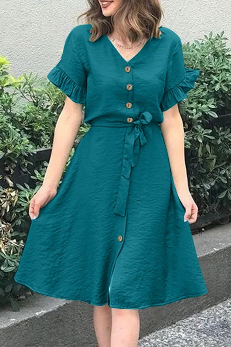 Robes A-line décontractées, simples, unies, à fente, à boucle, à col en V et à volants.