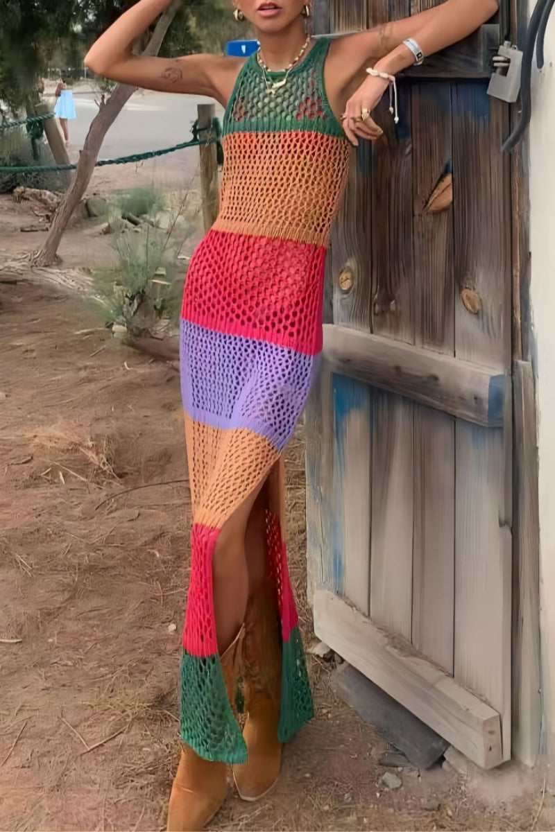Robes longues décontractées, patchwork, ajourées, transparentes, avec fente, col rond.