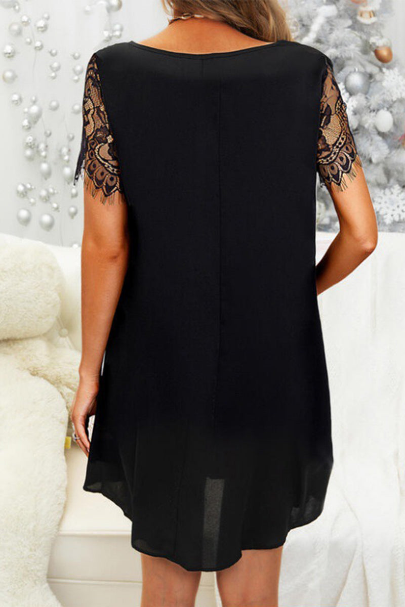 Robes décontractées, unies, en dentelle, avec paillettes, col en V et manches courtes.