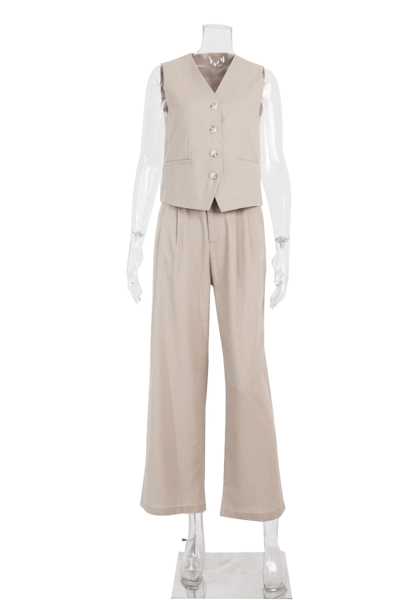 Ensemble deux pièces décontracté style britannique, col en V, sans manches, avec boucle (3 couleurs)