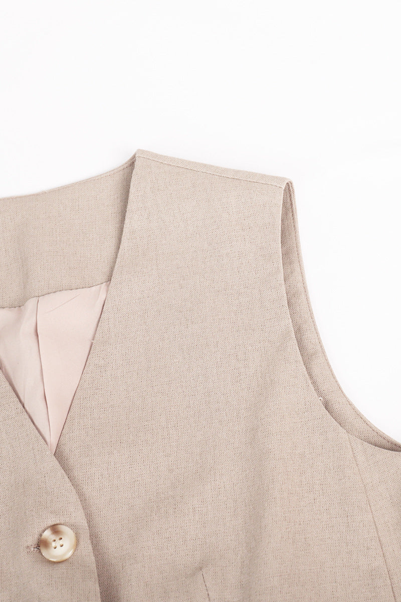 Ensemble deux pièces décontracté style britannique, col en V, sans manches, avec boucle (3 couleurs)