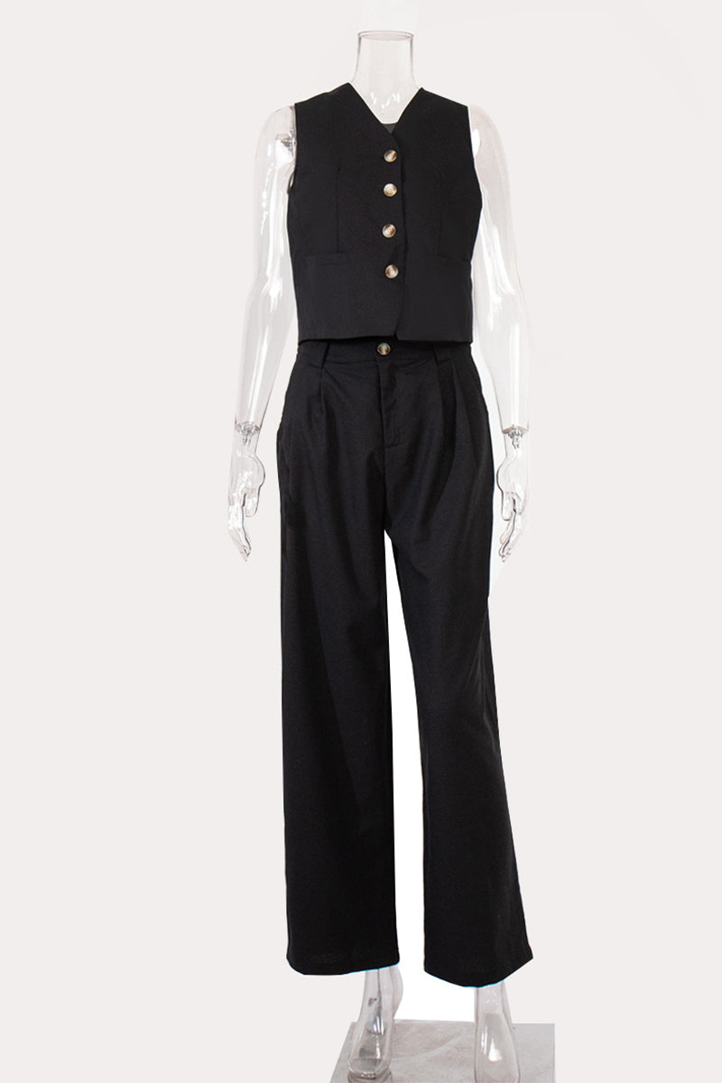 Ensemble deux pièces décontracté style britannique, col en V, sans manches, avec boucle (3 couleurs)