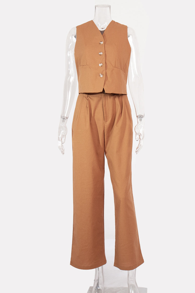 Ensemble deux pièces décontracté style britannique, col en V, sans manches, avec boucle (3 couleurs)