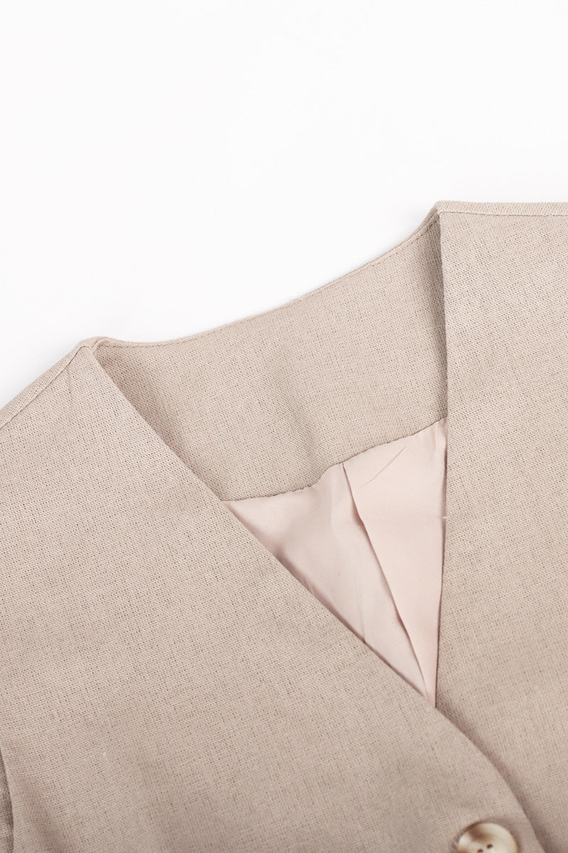 Ensemble deux pièces décontracté style britannique, col en V, sans manches, avec boucle (3 couleurs)