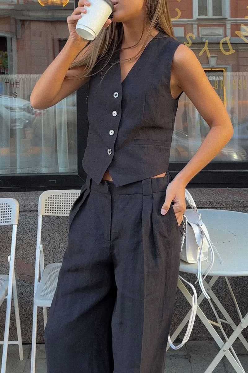 Ensemble deux pièces décontracté style britannique, col en V, sans manches, avec boucle (3 couleurs)