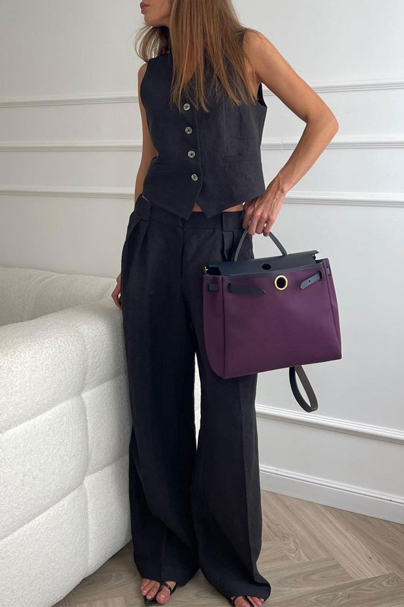 Ensemble deux pièces décontracté style britannique, col en V, sans manches, avec boucle (3 couleurs)