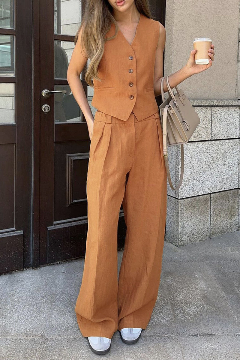 Ensemble deux pièces décontracté style britannique, col en V, sans manches, avec boucle (3 couleurs)