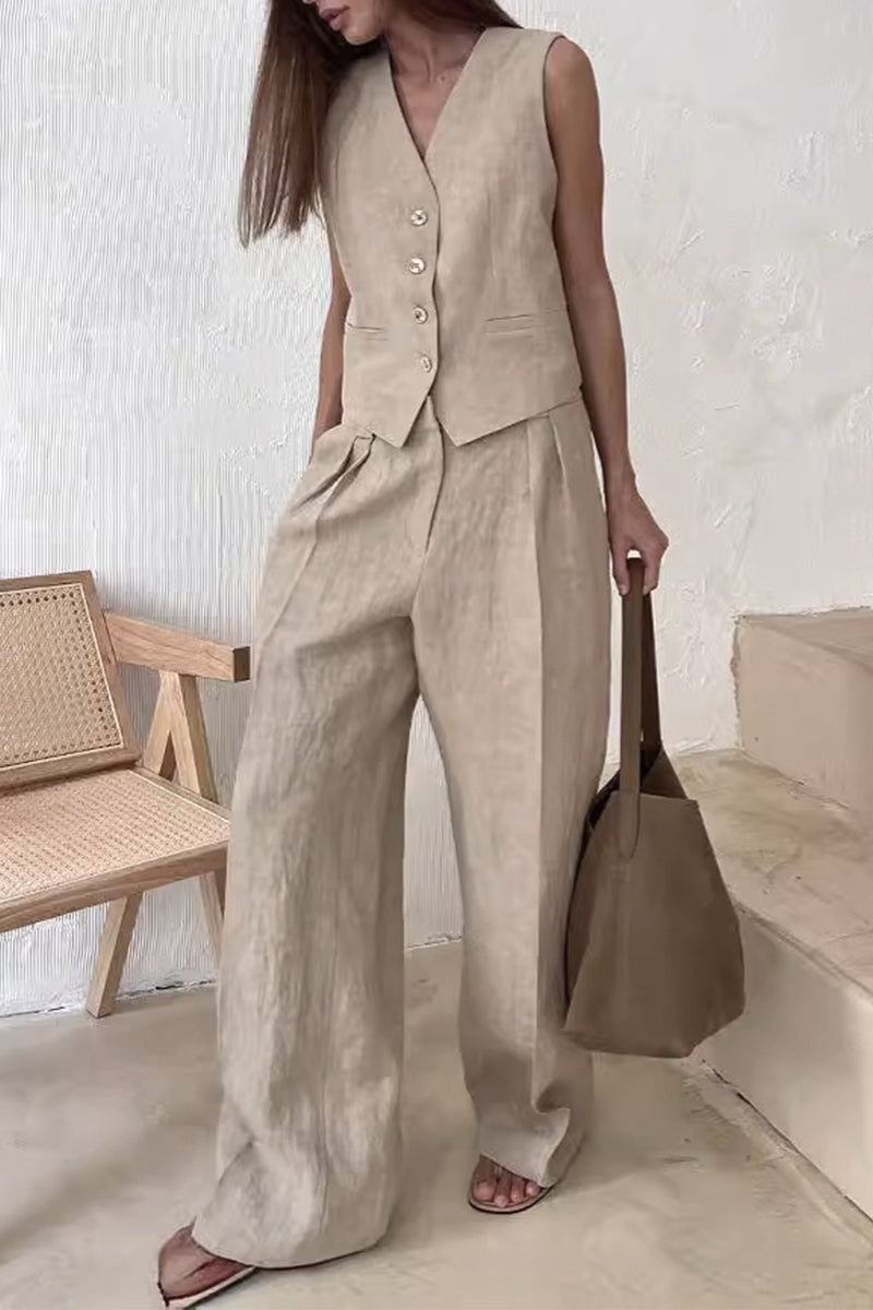 Ensemble deux pièces décontracté style britannique, col en V, sans manches, avec boucle (3 couleurs)