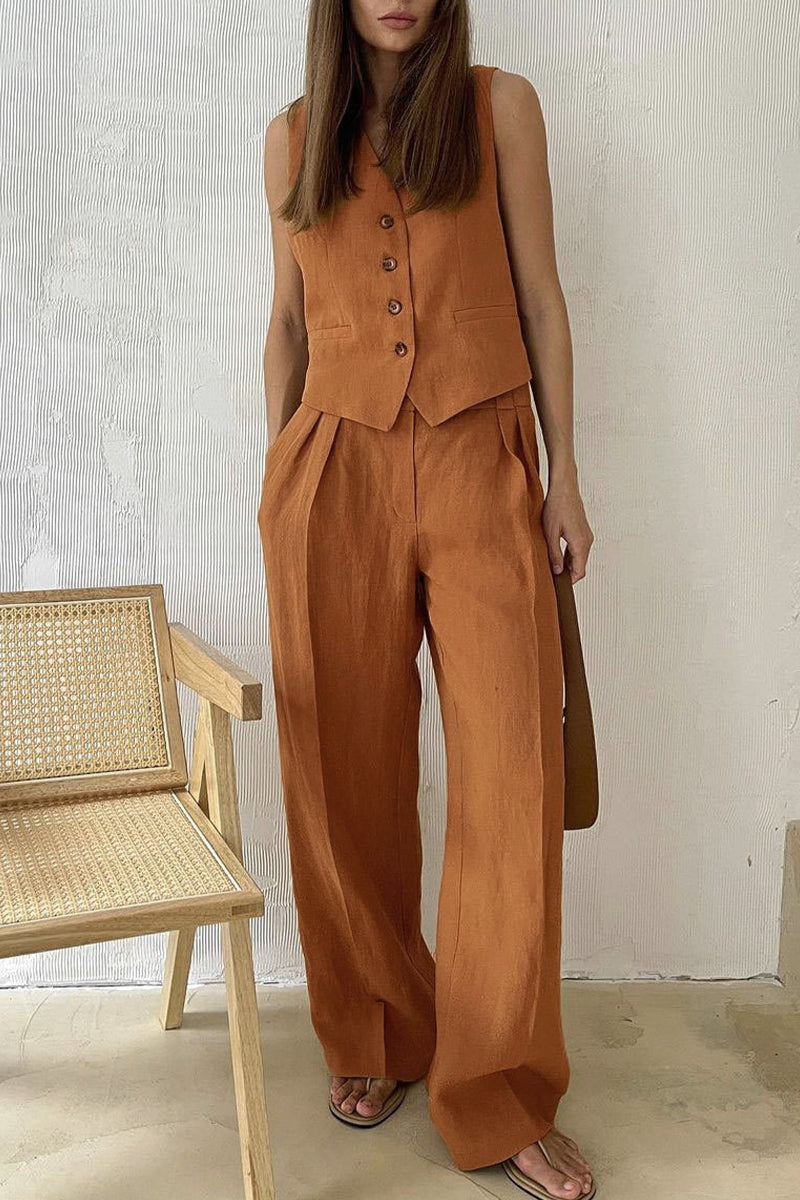 Ensemble deux pièces décontracté style britannique, col en V, sans manches, avec boucle (3 couleurs)