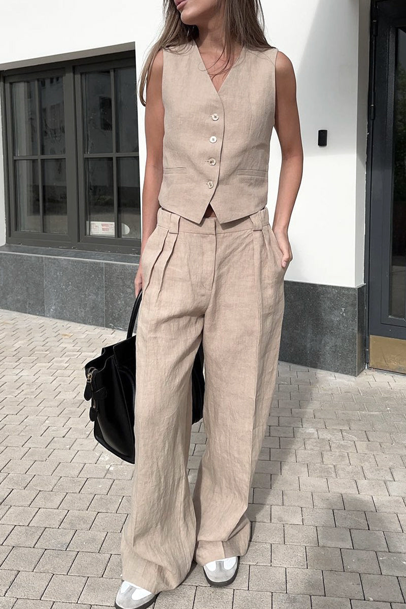 Ensemble deux pièces décontracté style britannique, col en V, sans manches, avec boucle (3 couleurs)