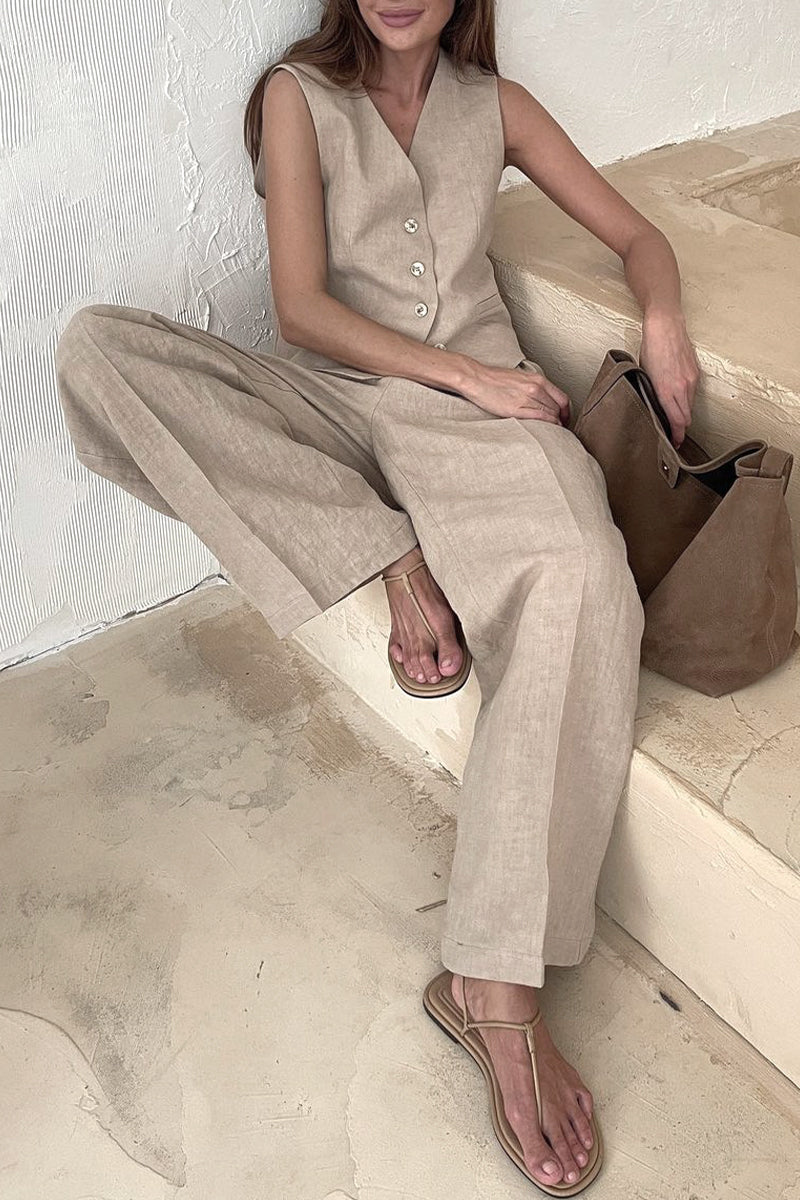 Ensemble deux pièces décontracté style britannique, col en V, sans manches, avec boucle (3 couleurs)