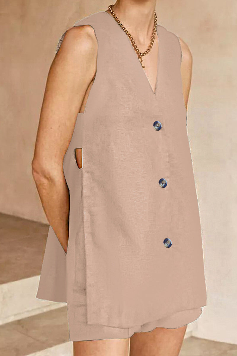 Ensemble deux pièces décontracté, style britannique, sans manches, avec poches, col en V et boucle.