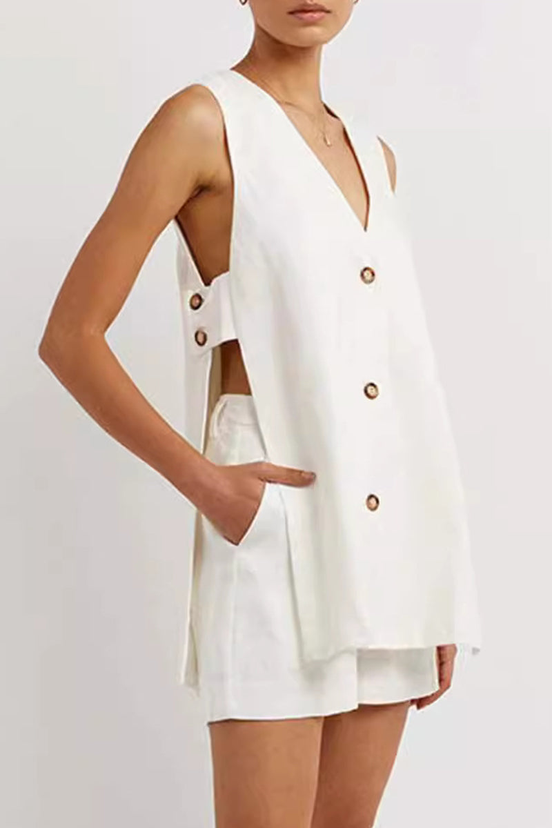 Ensemble deux pièces décontracté, style britannique, sans manches, avec poches, col en V et boucle.