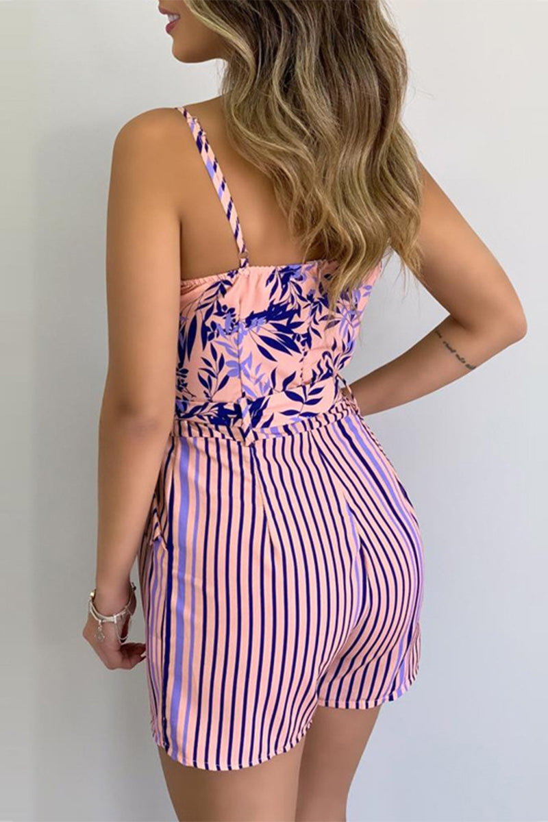 Combinaisons courtes à col en V, patchwork, imprimé géométrique, bandage, taille régulière, sexy.