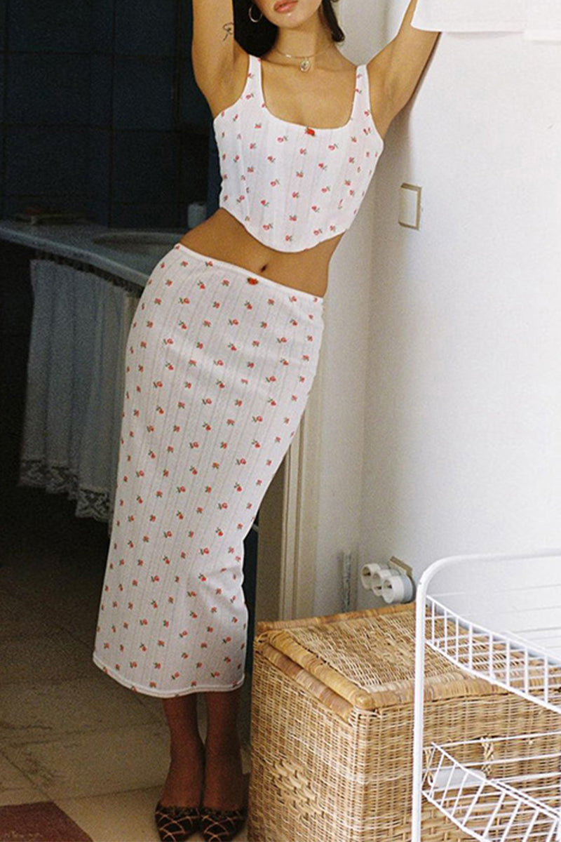 Ensemble deux pièces, dos nu, col en U, sans manches, imprimé floral, élégant et mignon.