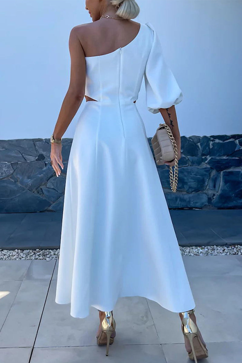 Celebrities Elegant Solid Slit Asymmetrical Flowers Oblique Collar A Line Dresses