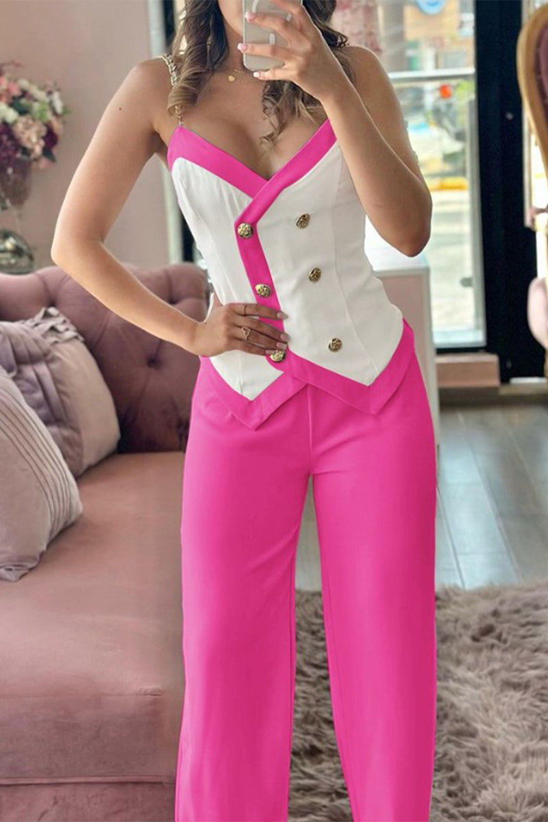 Ensemble deux pièces décontracté style britannique, boutons unis, col en V contrastant, sans manches.