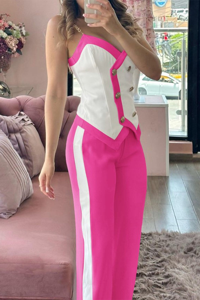 Ensemble deux pièces décontracté style britannique, boutons unis, col en V contrastant, sans manches.