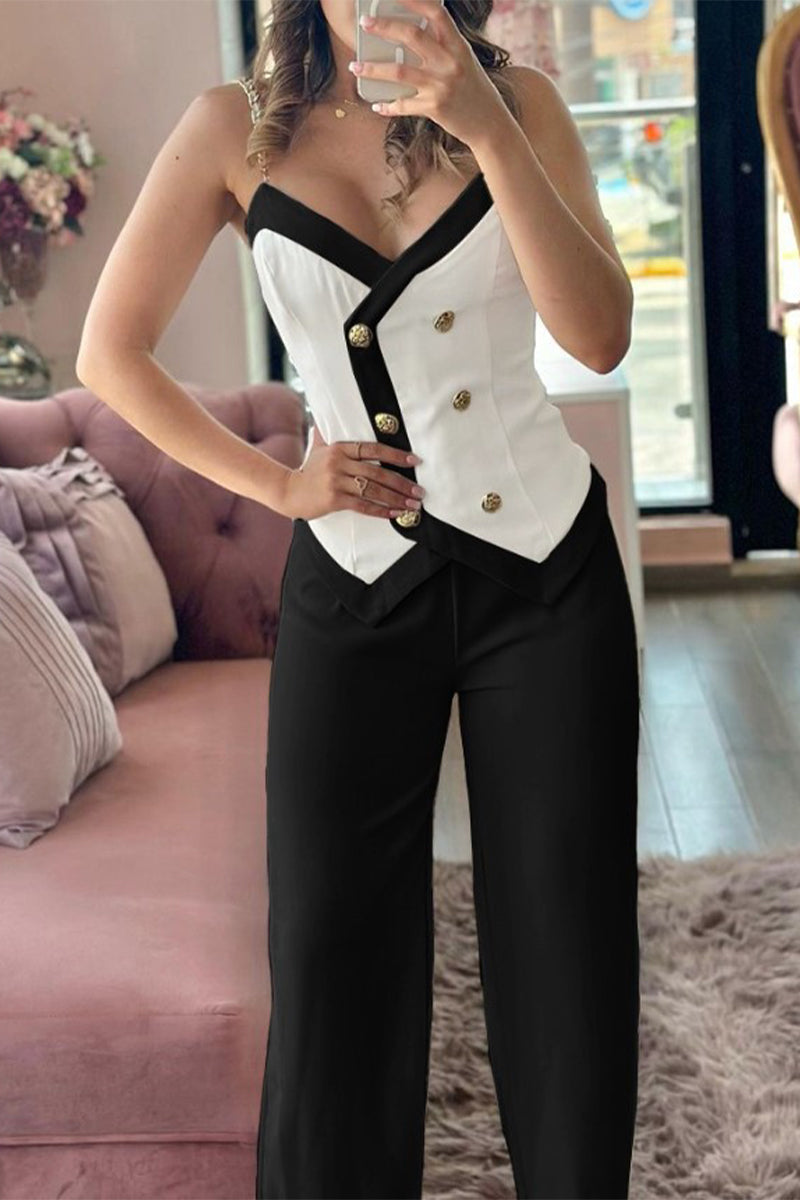 Ensemble deux pièces décontracté style britannique, boutons unis, col en V contrastant, sans manches.