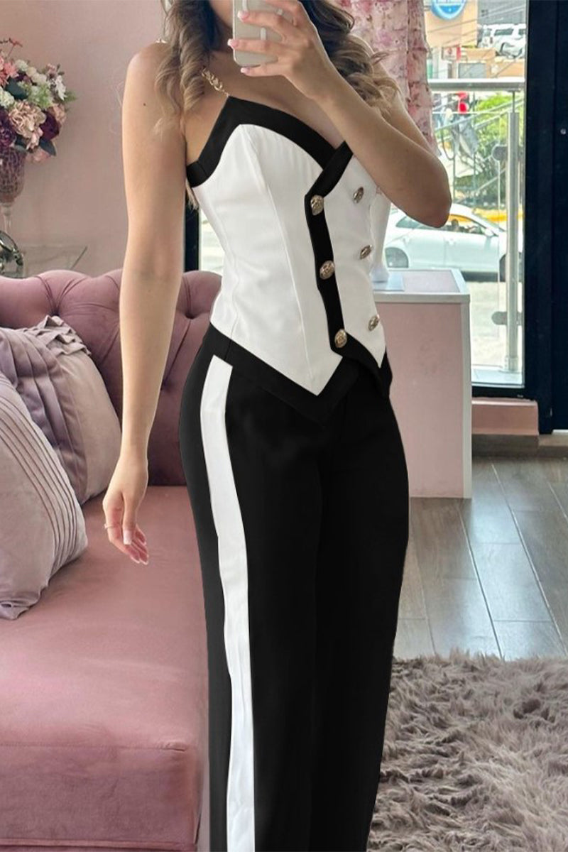 Ensemble deux pièces décontracté style britannique, boutons unis, col en V contrastant, sans manches.