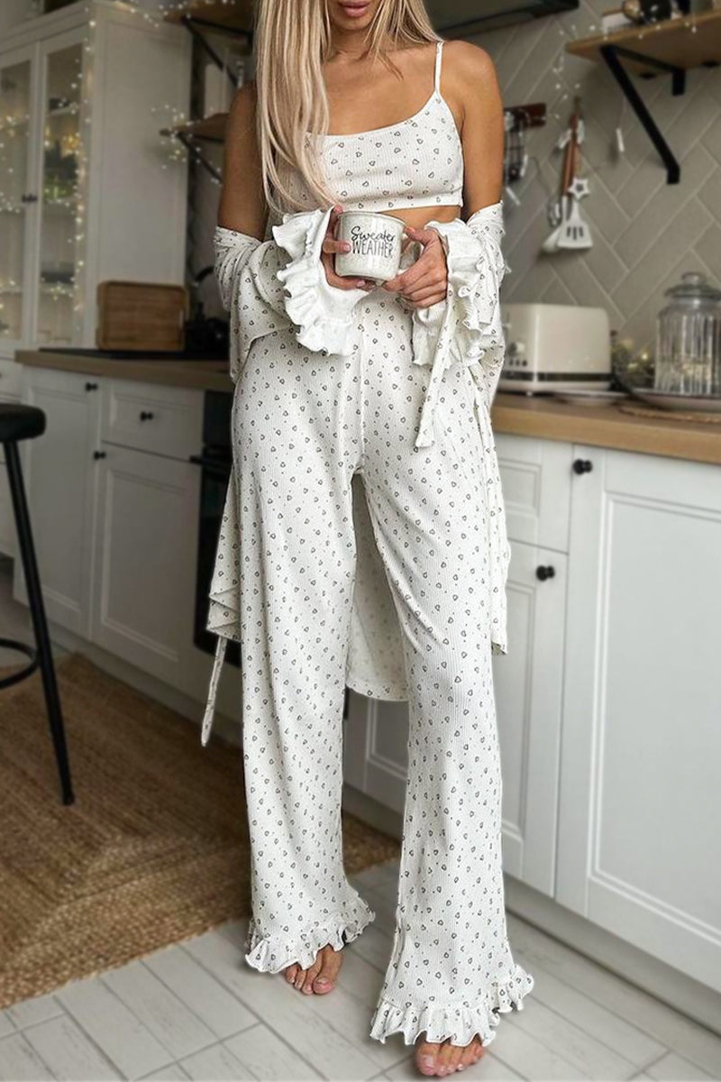 Ensemble trois pièces décontracté à col en U, sans manches, avec imprimé "Love" et volants.