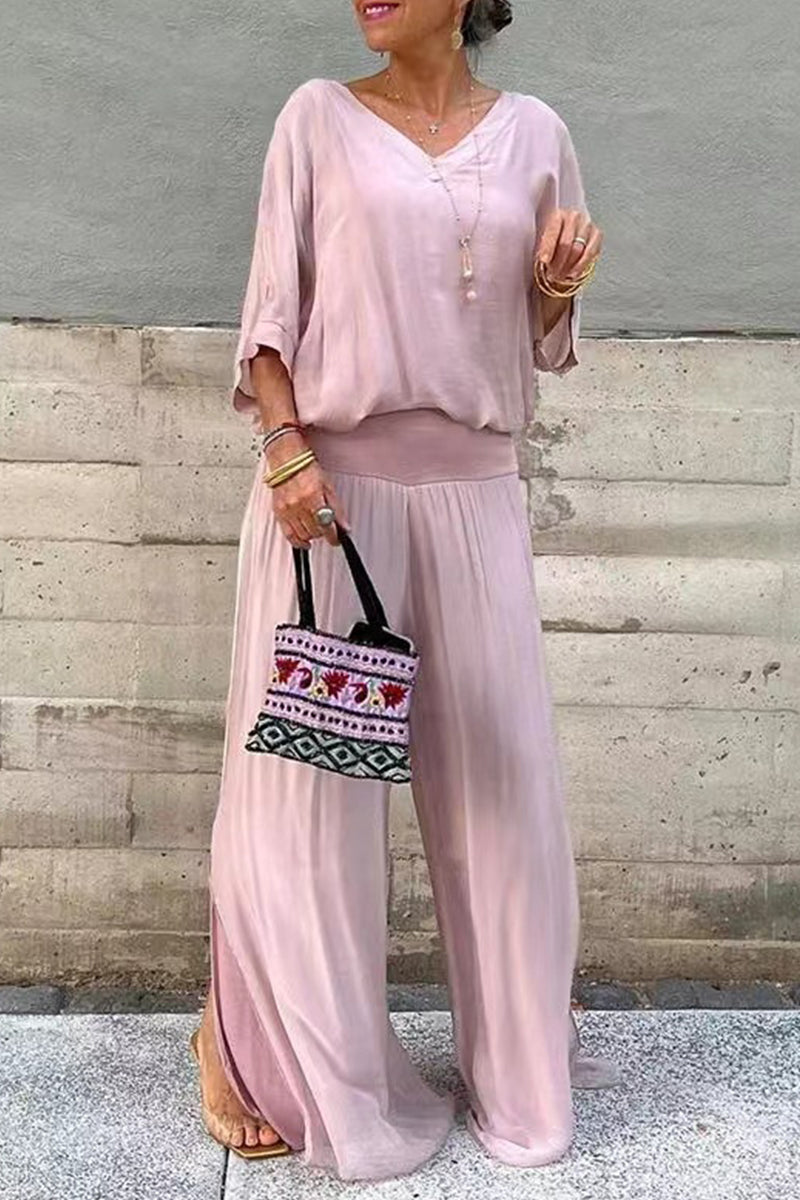 Casual Solid Backless V Neck Half Sleeve Two Pieces(10 Colors)