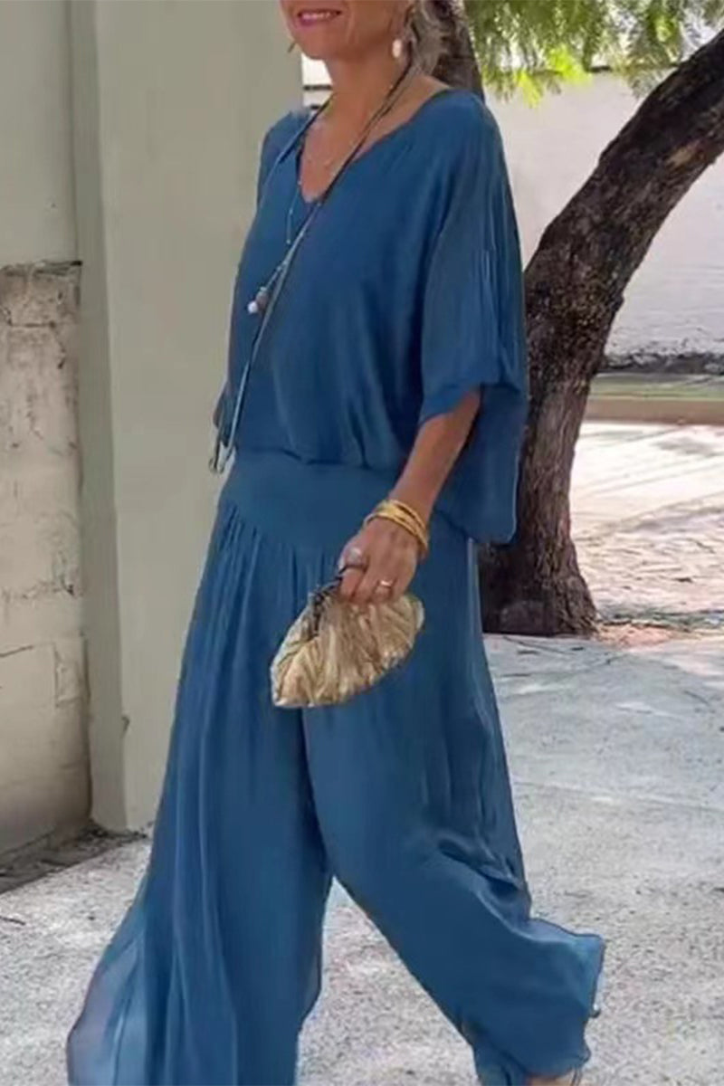 Casual Solid Backless V Neck Half Sleeve Two Pieces(10 Colors)