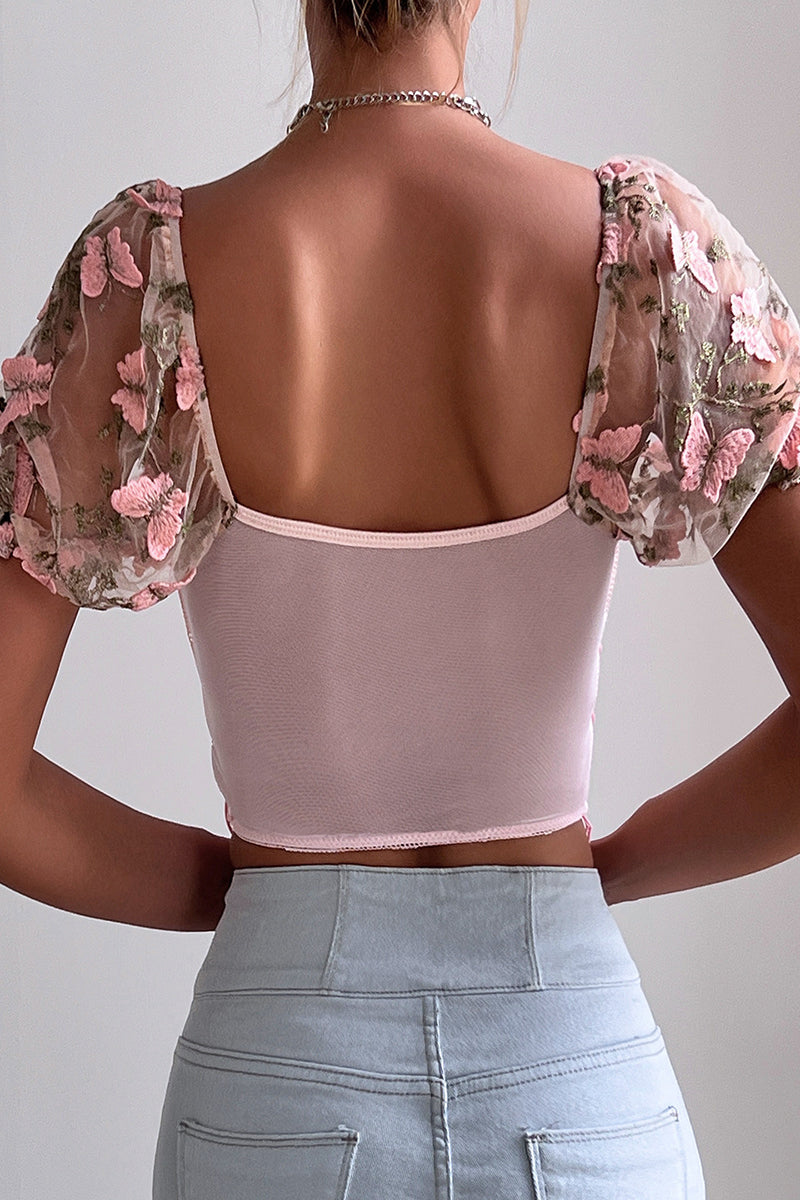 T-shirts sexy en maille à col en V, taille basse, brodés papillons et à cordon de serrage.