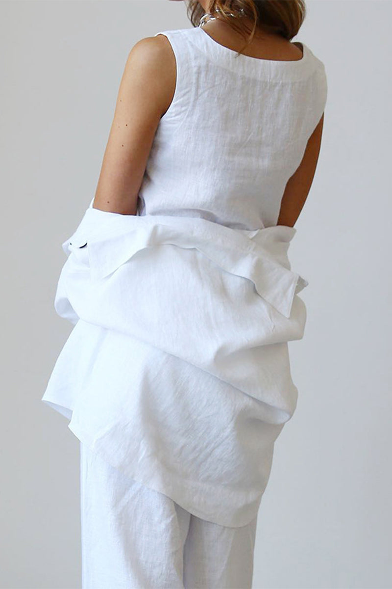 Ensemble décontracté trois pièces, sans manches, col rond, cordon de serrage.