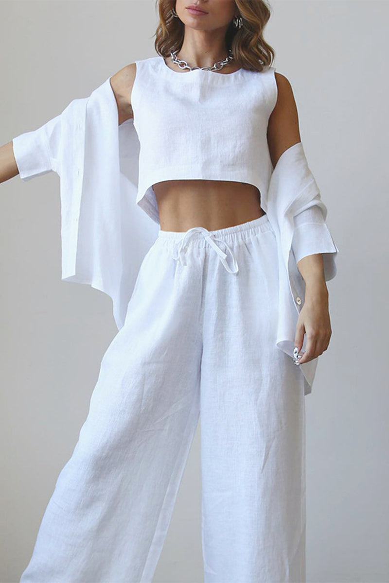 Ensemble décontracté trois pièces, sans manches, col rond, cordon de serrage.