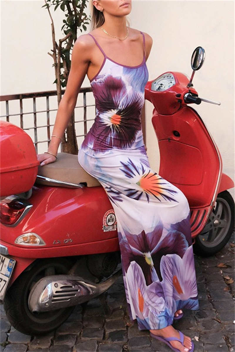 Robes longues décontractées imprimées, dos nu, avec bretelles spaghetti.