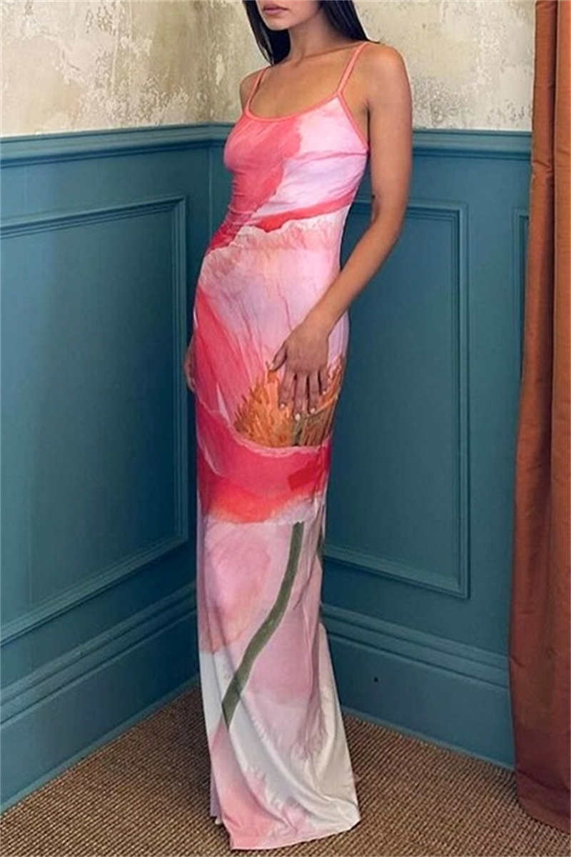 Robes longues décontractées imprimées, dos nu, avec bretelles spaghetti.