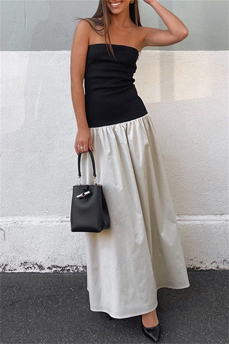 Robes longues décontractées en patchwork, sans dos, avec bretelles contrastées.