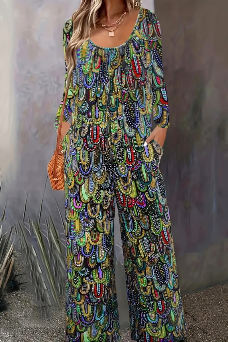 Combinaisons décontractées à col en U, imprimé basique, coupe standard (3 couleurs)